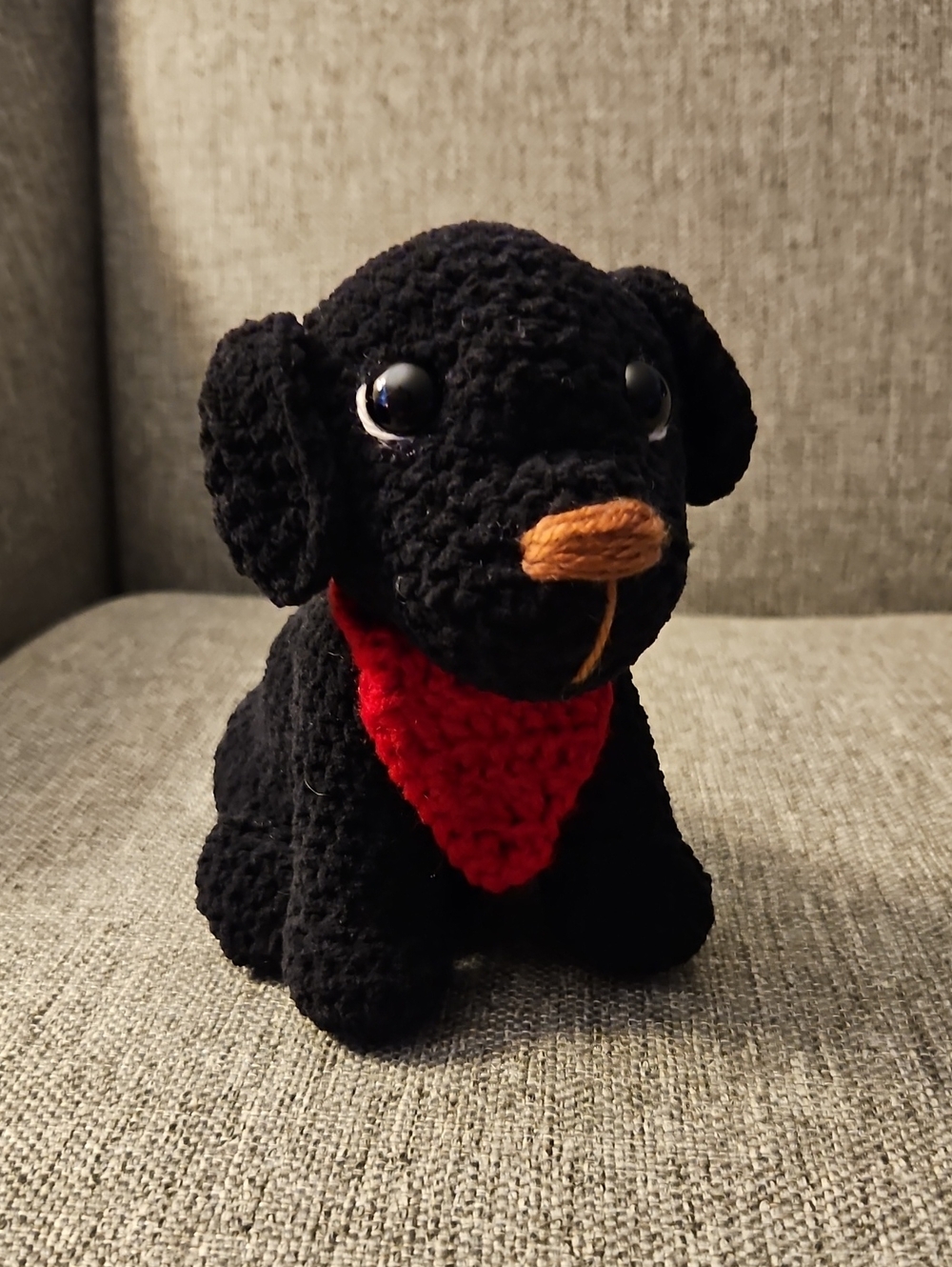 Handmade Crochet Black Amigurumi Dog with Red Bandana - Crochet
